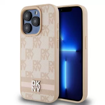 DKNY PU-nahkakotelo ruutu- ja raitakuviolla iPhone 13 Pro pinkki