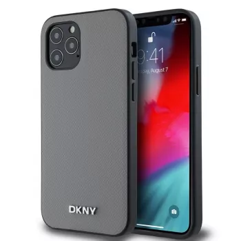 DKNY PU-nahka MagSafe-kotelo iPhone 12/12 Pro hopeisella metallilogolla - harmaa