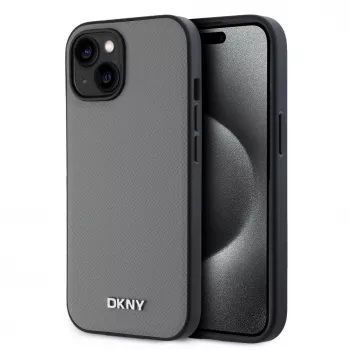 DKNY PU-nahka hopeinen metallilogo MagSafe -kotelo iPhone 13:lle - harmaa