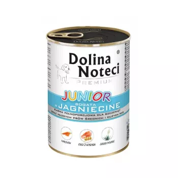 Dolina Noteci Premium Junior runsaasti lammasta märkäruoka pennuille keskikokoisille ja suurille roduille, 400g tölkki