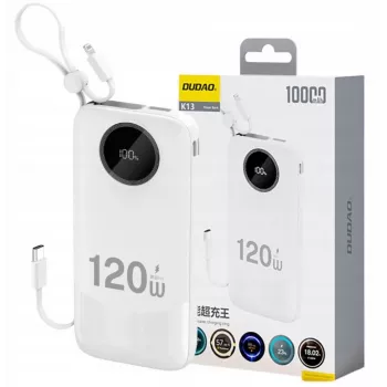 Dudao 120W pikalataus varavirtalähde integroidulla kaapelilla ja digitaalinäytöllä, 10000mAh, valkoinen