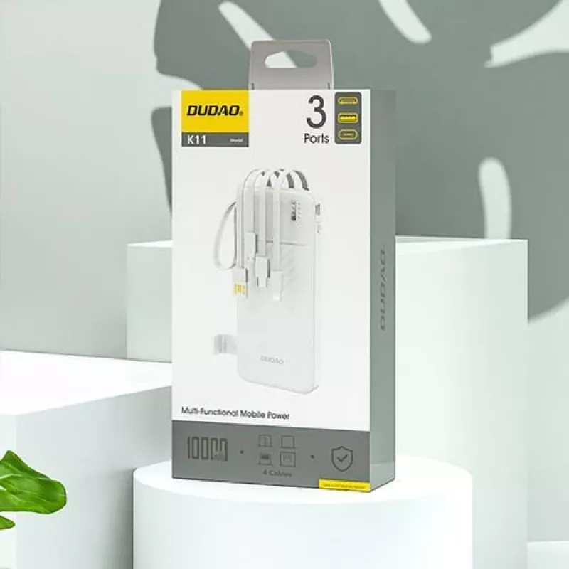 Dudao K11 10 000 mAh varavirtalähde integroiduilla kaapeleilla valkoinen