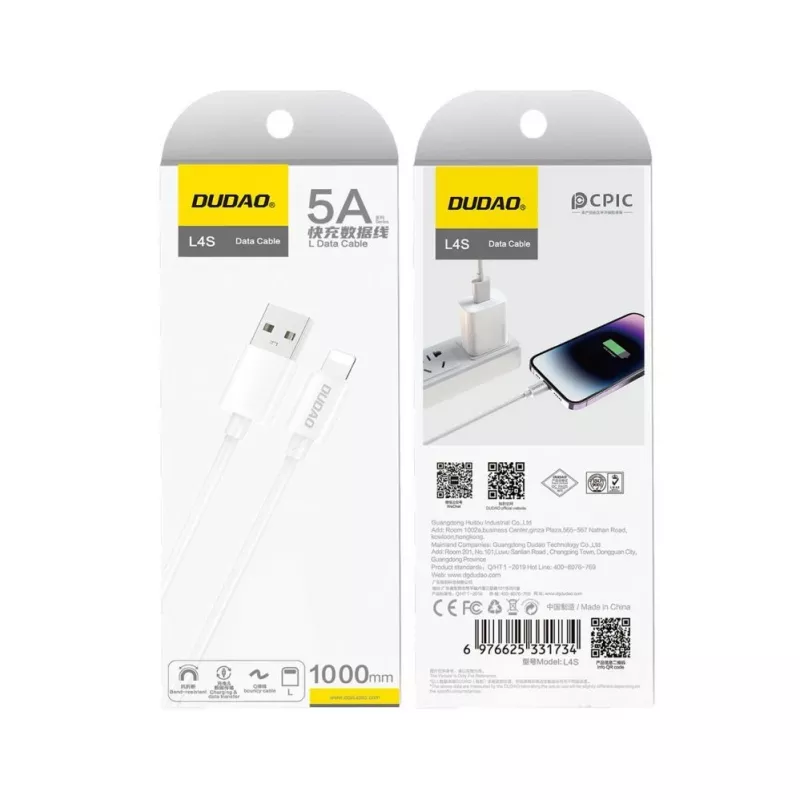 Dudao USB-A - Lightning -kaapeli 1 m valkoinen
