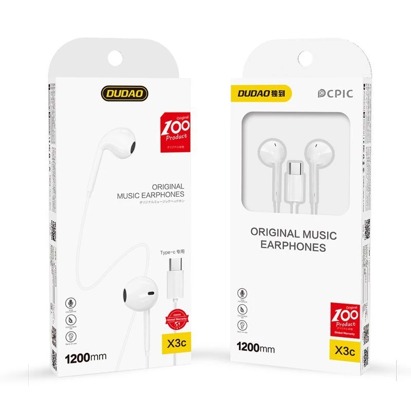 Dudao USB Type-C Connecto stereokuulokkeet uusi ergonominen korvakappalemalli X3C valkoinen