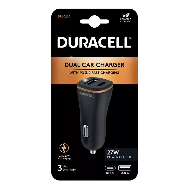 Duracell Power Travel -laturi 12V USB-A + USB-C 18W PD autolaturi DR6026A