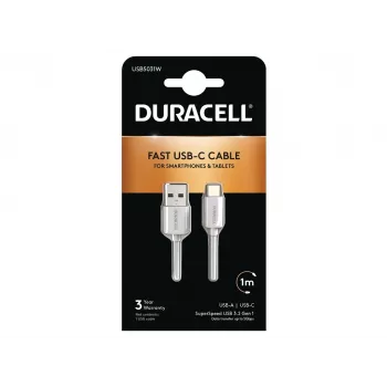 Duracell USB5031W USB-A - USB-C -kaapeli 1 m USB 3.2 Gen 1 5Gbps valkoinen