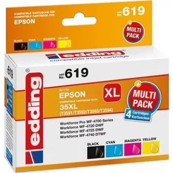 Edding EDD-619 yhteensopiva suurikapasiteettinen mustesuihkupatruunasetti – musta, syaani, magenta, keltainen (4 kpl:n pakkaus, Epson 603XL -vastine) 18-619