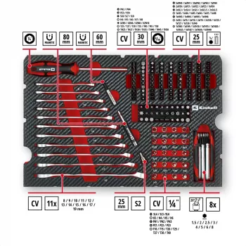 Einhell E-Case 201-osainen mekaanikon työkalusarja (kromi-vanadiiniteräs, pinottava) (370513)