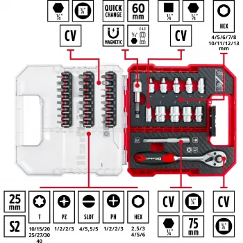 EINHELL-KWB hylsy- ja kärkisarja 1/4 tuuma 37 osaa L-CASE-laukussa