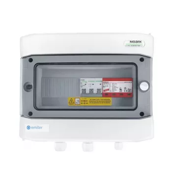 EMITER kytkentäkeskus kytketty AC hermeettinen IP65 EMITTER AC Dehn tyyppi 2 ylijännitesuojalla, 50A 3-vaiheinen, vikavirtasuojakytkin tyyppi A 63A/300mA