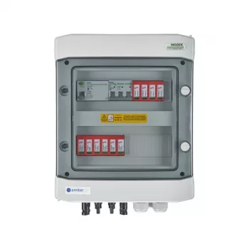 EMITER kytkentäkeskus kytketty DCAC Hermetic IP65 EMITTER DC-ylijännitesuojalla Dehn 1000V Type 2, 2 x PV-string, 2 x MPPT // og. AC Dehn Type 2, 16A 3-vaihe, RCD Type A 40A/300mA