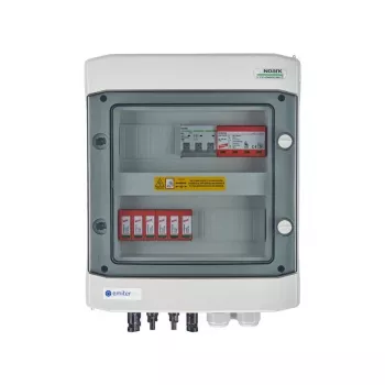 EMITER kytkinlaitteisto liitetty DCAC hermeettinen IP65 EMITTER DC-ylijännitesuojalla Dehn 1000V tyyppi 2, 2 x PV-string, 2 x MPPT // ja AC-ylijännitesuojalla Dehn tyyppi 1+2, 10A 3-vaiheinen