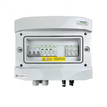 EMITER kytkinlaitteisto kiinnitetty DCAC hermeettinen IP65 EMITTER Noark 1000V tyyppi 1+2 DC-ylijännitesuojalla, 1 x PV-string, 1 x MPPT // og. AC Noark tyyppi 1+2, 10A 3-vaiheinen