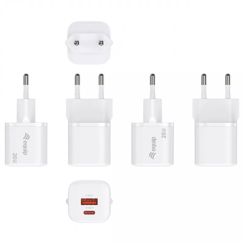 Equip 245526 2-porttinen USB-C PD3.0 / USB-A GaN 20W seinälaturi, valkoinen