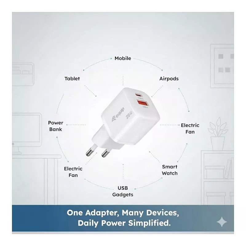 Equip 245526 2-porttinen USB-C PD3.0 / USB-A GaN 20W seinälaturi, valkoinen