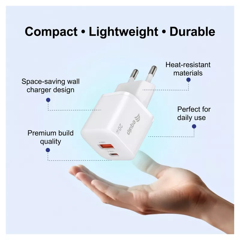 Equip 245526 2-porttinen USB-C PD3.0 / USB-A GaN 20W seinälaturi, valkoinen