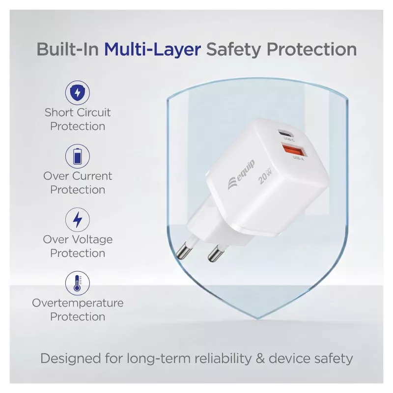 Equip 245526 2-porttinen USB-C PD3.0 / USB-A GaN 20W seinälaturi, valkoinen
