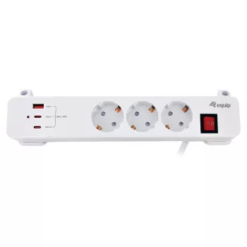 Equip jatkojohto CEE 7/7 90° 3x Schuko / 2x USB-C + USB-A, valkoinen, 1,5m