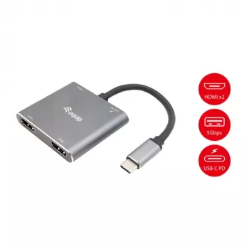 EQUIP USB-C 4-in-1 Dual-HDMI-sovitin 100W PD:llä, 4K MST, alumiini