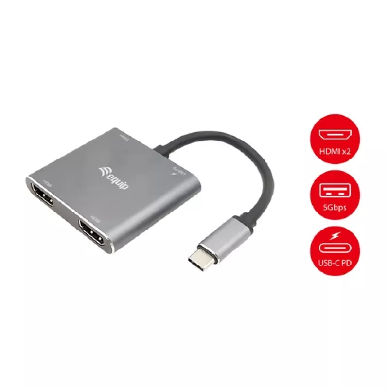 EQUIP USB-C 4-in-1 Dual-HDMI-sovitin 100W PD:llä, 4K MST, alumiini