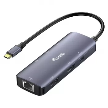 EQUIP USB-C-moniporttisovitin, 2x HDMI, RJ45, 2x USB-A, USB-C PD 100W, harmaa