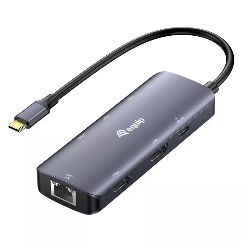 EQUIP USB-C-moniporttisovitin, 2x HDMI, RJ45, 2x USB-A, USB-C PD 100W, harmaa