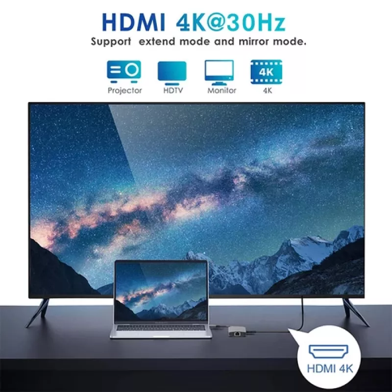 EQUIP USB-C-moniporttisovitin, 2x HDMI, RJ45, 2x USB-A, USB-C PD 100W, harmaa