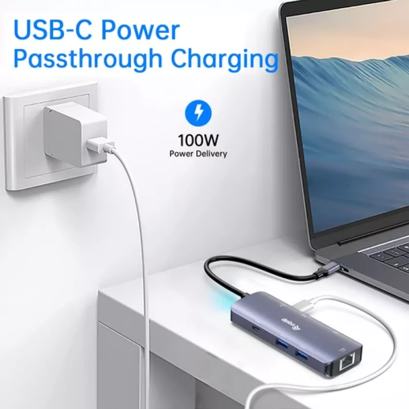 EQUIP USB-C-moniporttisovitin, 2x HDMI, RJ45, 2x USB-A, USB-C PD 100W, harmaa