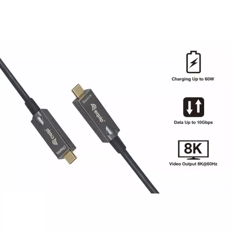 EQUIP USB-C–C aktiivinen optinen kaapeli 7,5 m 8K 60 Hz PD 60 W 10 Gbit/s musta