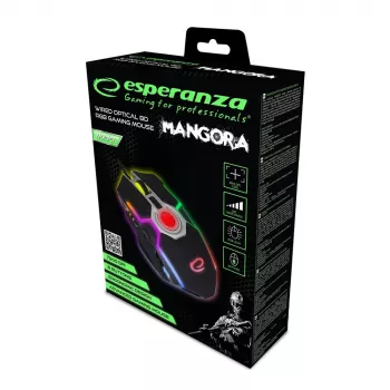 Esperanza EGM701 Mangora 8D langallinen pelihiiri, RGB-valaistus, 7200 DPI, optinen sensori, 6 painiketta, punottu kaapeli, oikeakätinen, musta