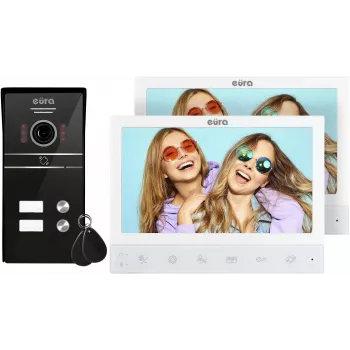 EURA VDP-80C5 videoovipuhelinjärjestelmä kahdelle perheelle, valkoinen, 2x 7 tuuman LCD, FHD, 1080p-kamera, RFID-lukija, pinta-asennus