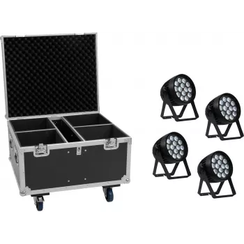 EUROLITE setti 4x AKKU IP PAR 14 HCL QuickDMX + Flightcase IP65 -näyttämövalaisinsarja