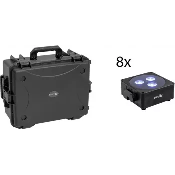 EUROLITE Set 8x AKKU Flat Light 3 musta + muovilaukku trolleylla RGBW LED QuickDMX