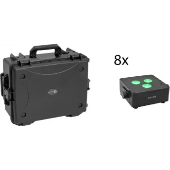 EUROLITE Set 8x AKKU IP Flat Light 3 musta IP65 LED-valonheitin trolley-laukulla
