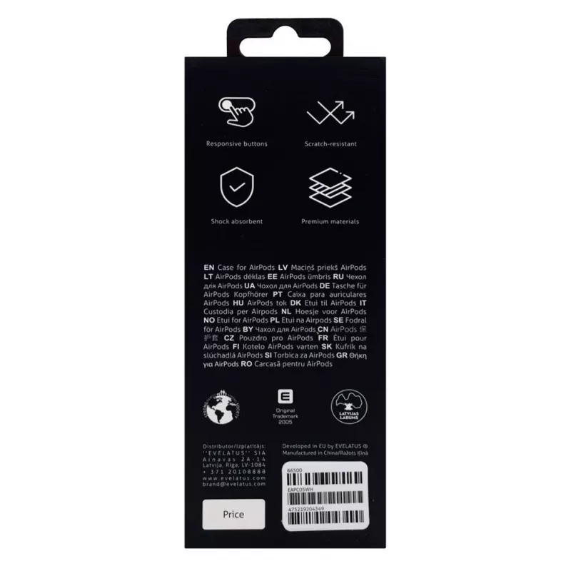 EVELATUS Apple AirPods -kotelo EAC05, valkoinen - silikoninen suojakotelo ja karabiinihaka