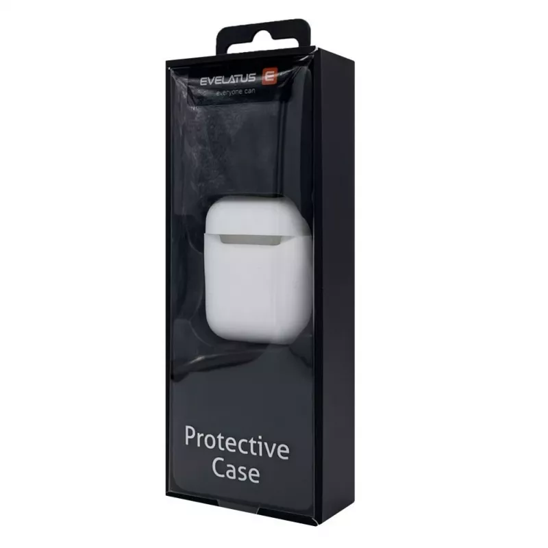 EVELATUS Apple AirPods -kotelo EAC05, valkoinen - silikoninen suojakotelo ja karabiinihaka