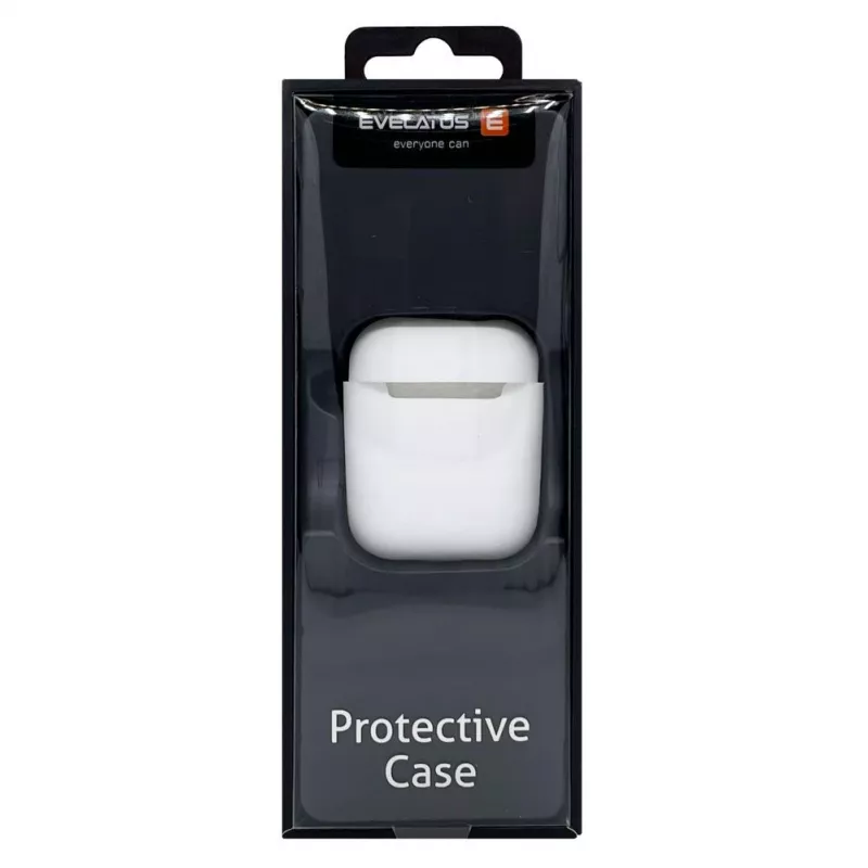 EVELATUS Apple AirPods -kotelo EAC05, valkoinen - silikoninen suojakotelo ja karabiinihaka