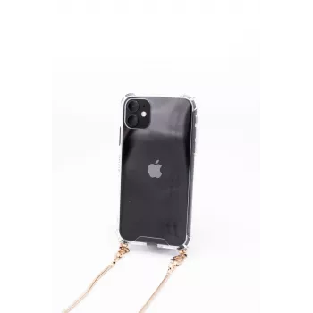 Evelatus Apple iPhone 11 Pro silikoninen läpinäkyvä kotelo kaulaketjulla TPU-nauha kulta