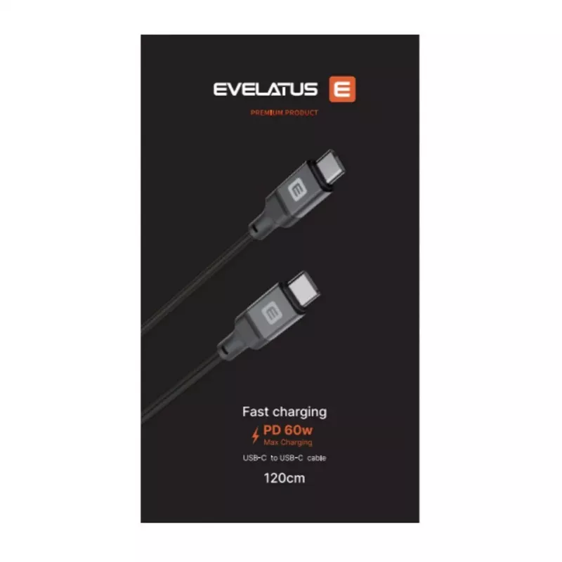 Evelatus spiraali USB-C - USB-C -kaapeli 1,2 m 60 W PD punottu musta