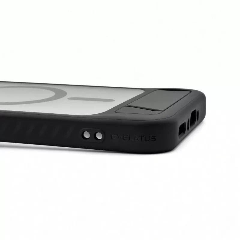 Evelatus Samsung Galaxy A57 kumipintainen MagSafe-kotelo jalustalla musta