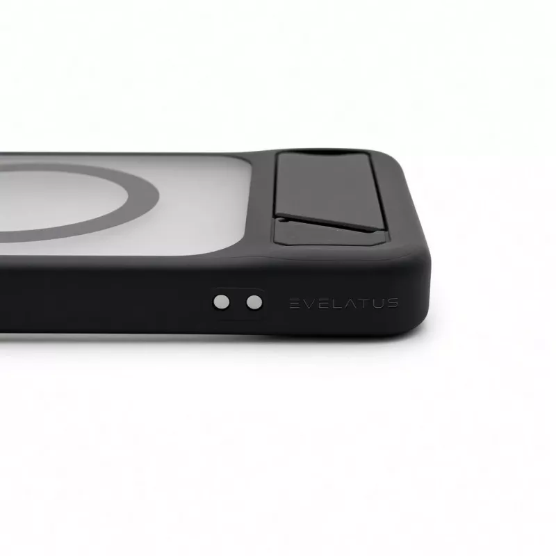 Evelatus Samsung Galaxy S26 kumipintainen MagSafe-kotelo jalustalla musta