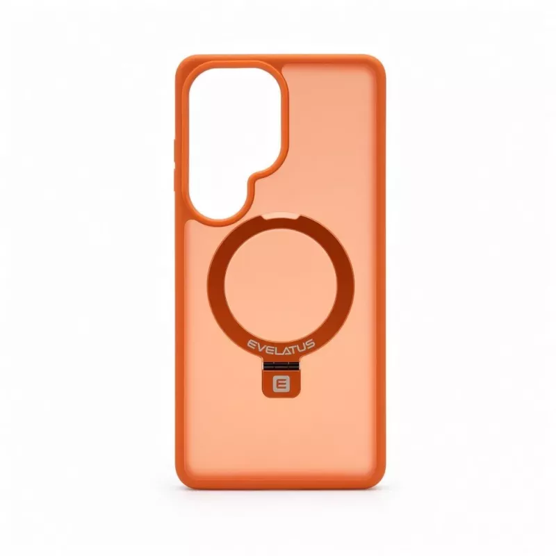 Evelatus Samsung Galaxy S26 Ultra Shield -kuori MagSafella ja jalustalla mattarengas oranssi