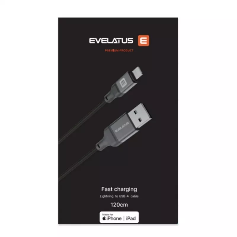 Evelatus USB-A - Lightning -kaapeli 1,2 m (MFi11CL) alumiinikotelo punottu musta