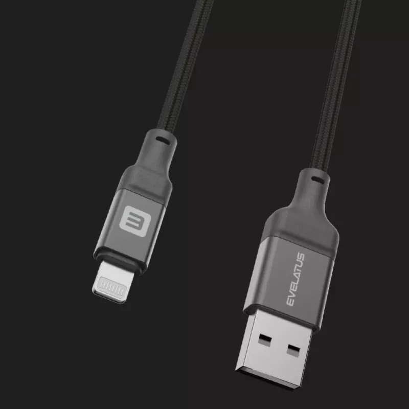 Evelatus USB-A - Lightning -kaapeli 1,2 m (MFi11CL) alumiinikotelo punottu musta