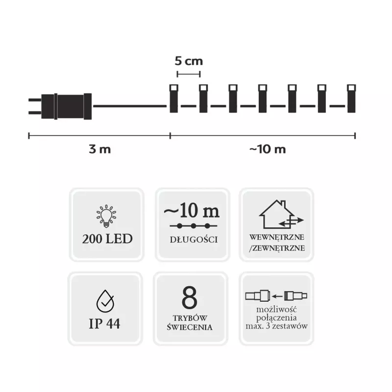 Extralink EX.73271 LED-valosarja, 200 LED-valoa, kylmä valkoinen, 10 m + 3 m, sisä-/ulkokäyttöön