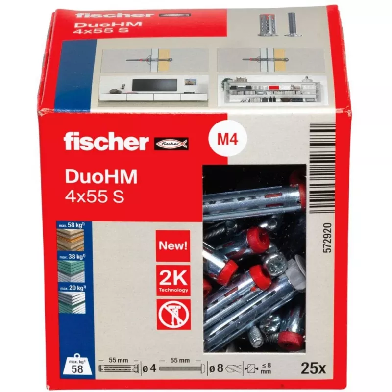 fischer DuoHM 4x55 S PH PZ ontelotulppa 55 mm, 25 kpl 572920