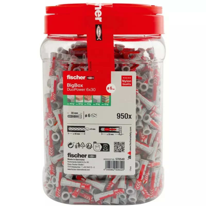 fischer DUOPOWER 6x30 yleistulppa BigBox, vaaleanharmaa/punainen, 950 kpl, uudelleensuljettava laatikko 570548