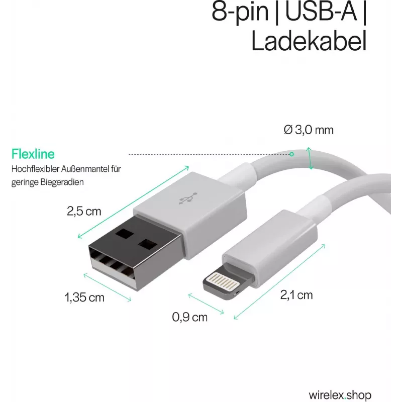 Flexline USB-lataus- ja synkronointikaapeli, USB-A - 8-pin (Lightning), 2.0, ABS, valkoinen, 5,0 m (FL31-12048)