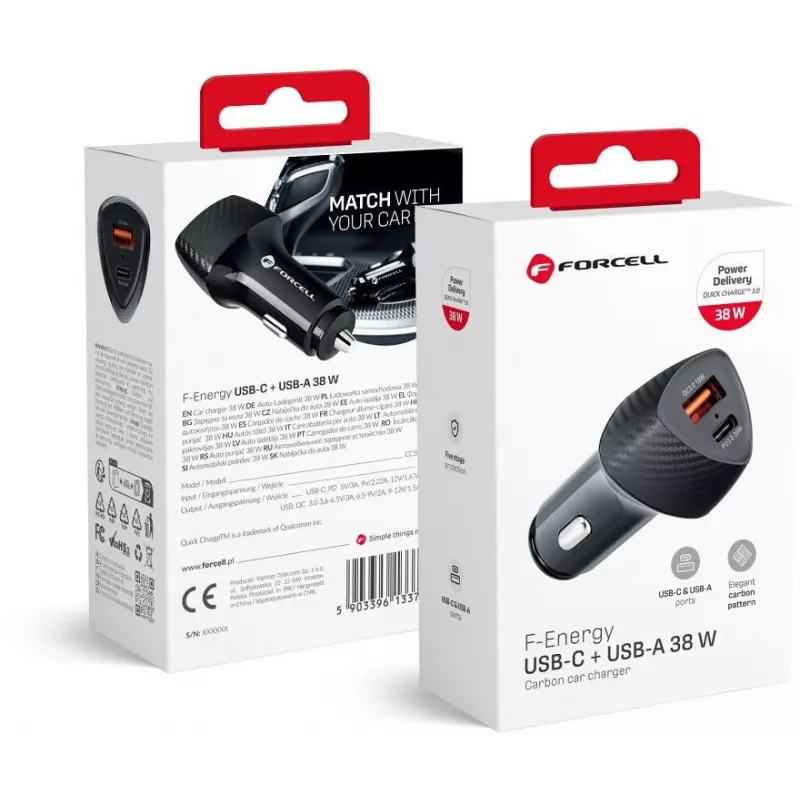 Forcell Carbon CC50-1A1C 38W autolaturi USB-C PD 3.0 + USB-A QC 3.0 musta