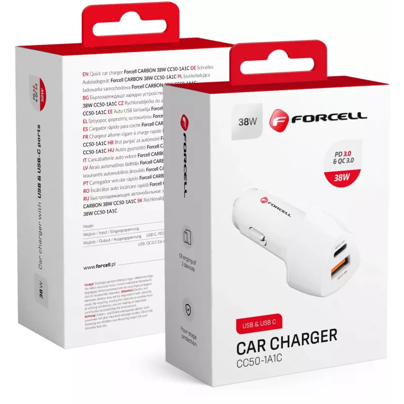 Forcell Carbon CC50-1A1C 38W USB-C PD + USB-A QC 3.0 autolaturi - valkoinen